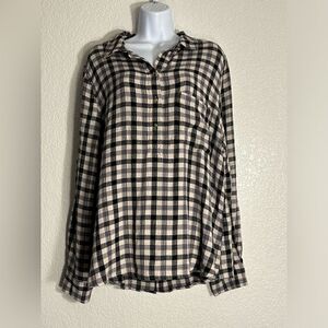 Pistola Check Popover Top Blouse Size Medium Black Cream Gray NWOT XL